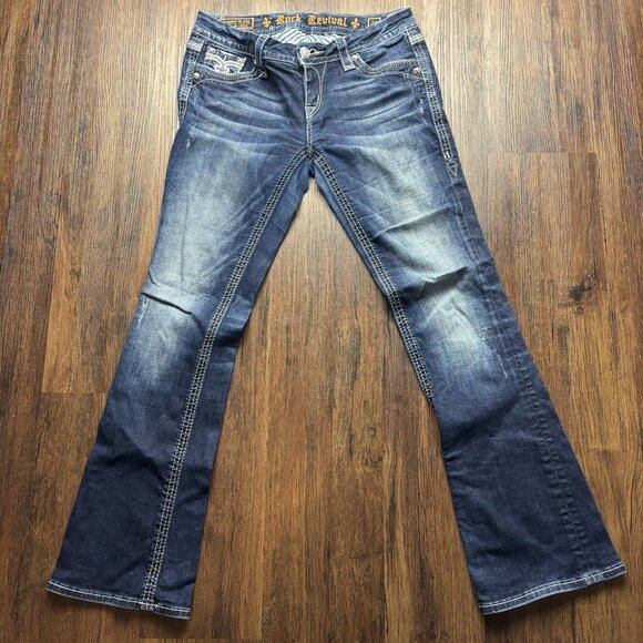 Rock Revival Maggie Boot Jeans Dark Wash Flap Pocket Women’s Size 28 - Picture 1 of 13